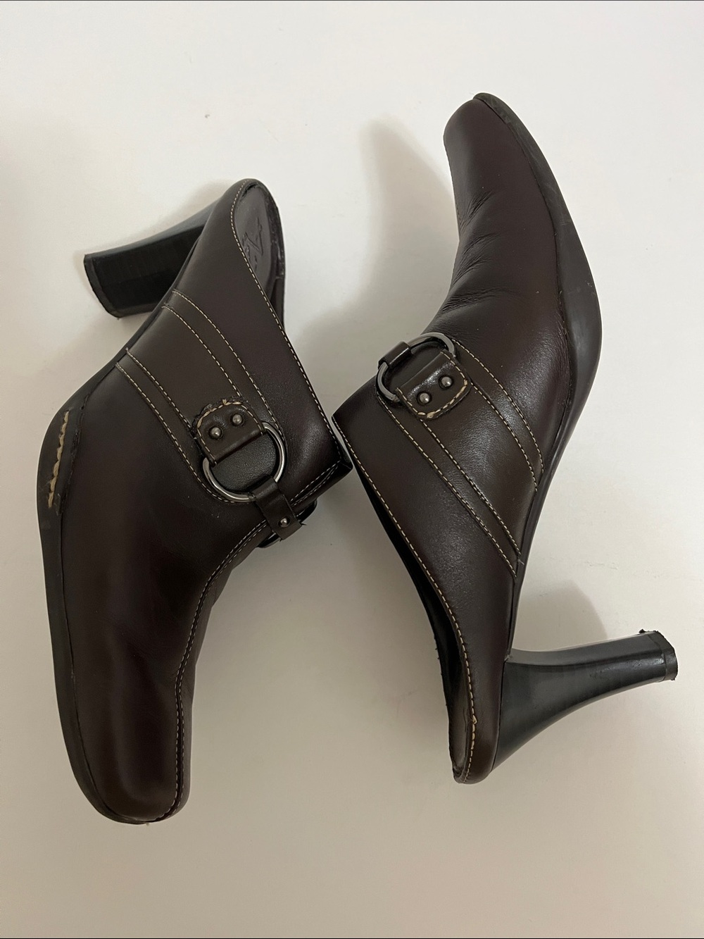 A2 By Aerosoles Dark Brown Leather Snapezoid Heeled Mules with Buckle Size 9M